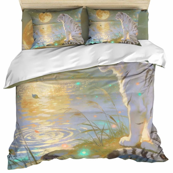 White Tiger Moon Night Set of 4 Bedding Quilt Covers, Abstract Art Lake Aesthetic 4-Piece Bed Sheet Set with Extra Soft Bed Sheets Quilt Cover Pillowcase, Queen