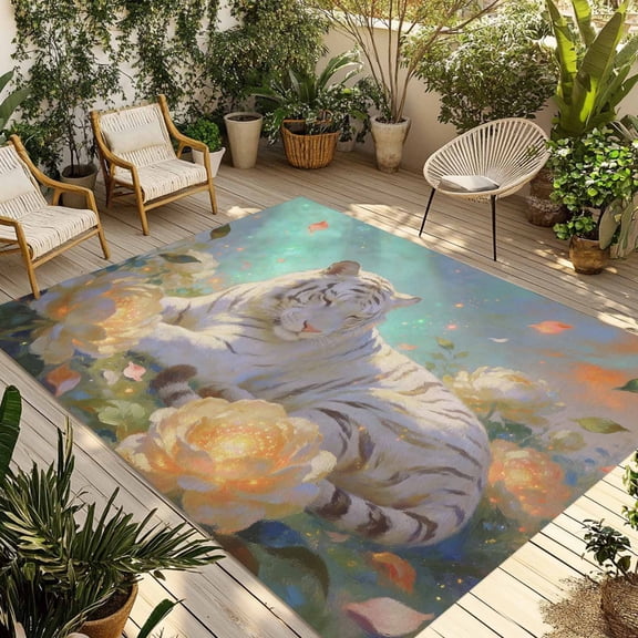 White Tiger Outdoor Rug 4x6 ft Watercolor Cute Forest Animals Fantasy Flowers Non Slip Patio Rug Washable Absorbent Large Outdoor Carpet Outside Mat for Porch RV Garden Camping