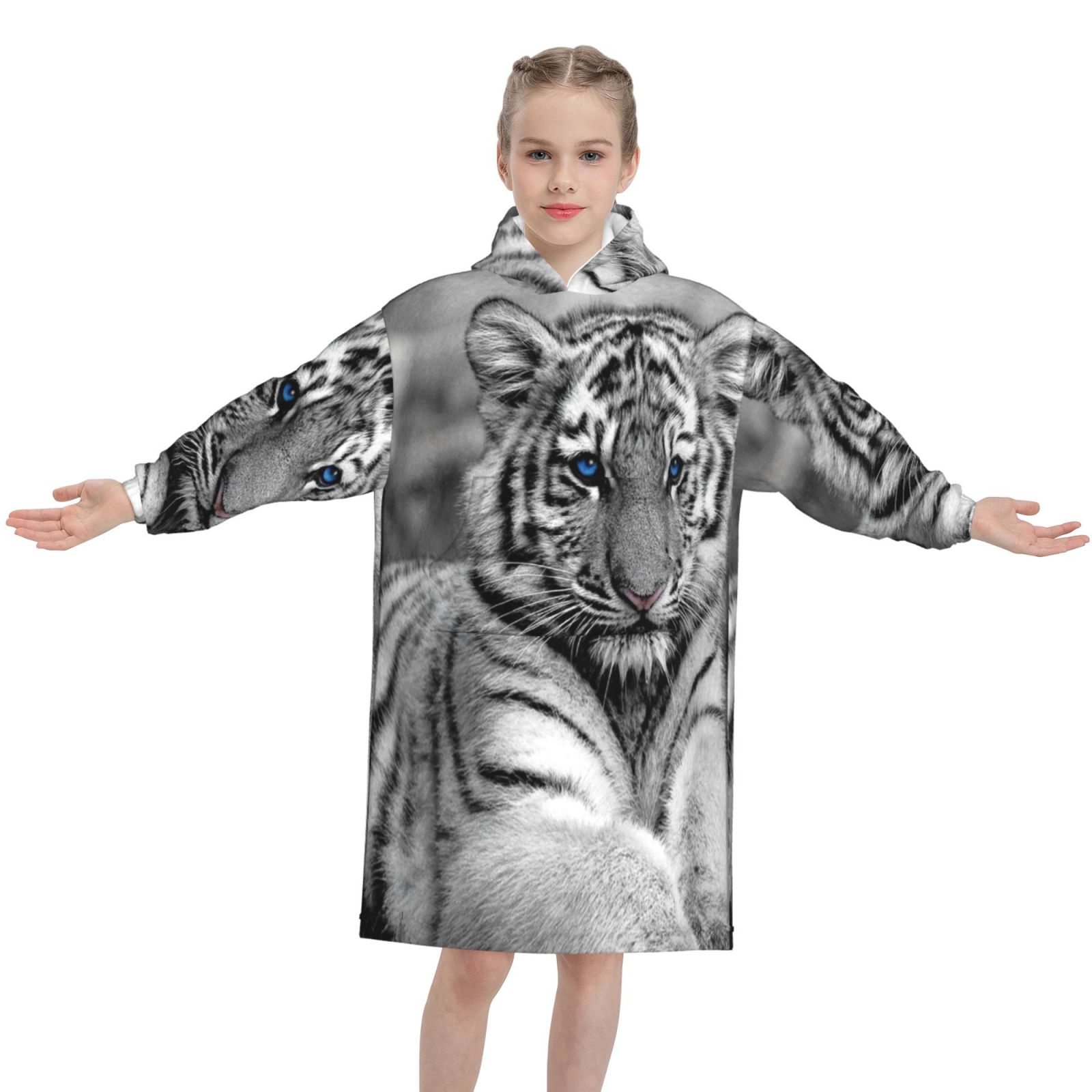 White Tiger Pattern Oversized Blanket Hoodie Wearable Blanket Hoodie