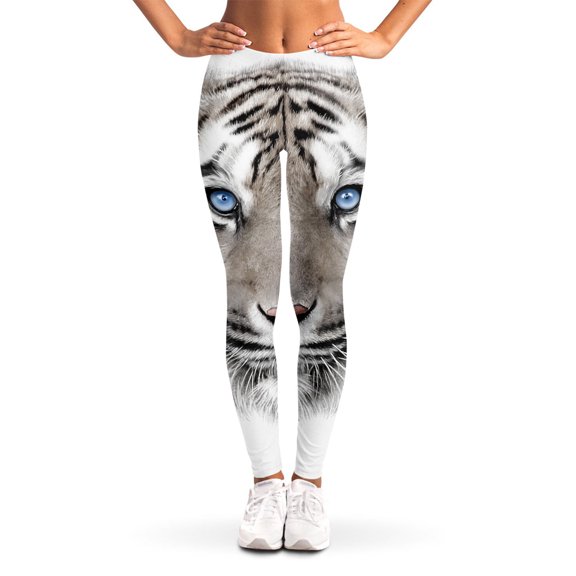 White Tiger Portrait Print Leggings, Tiger Wide Animal Sexy Yoga Leggings For Women.