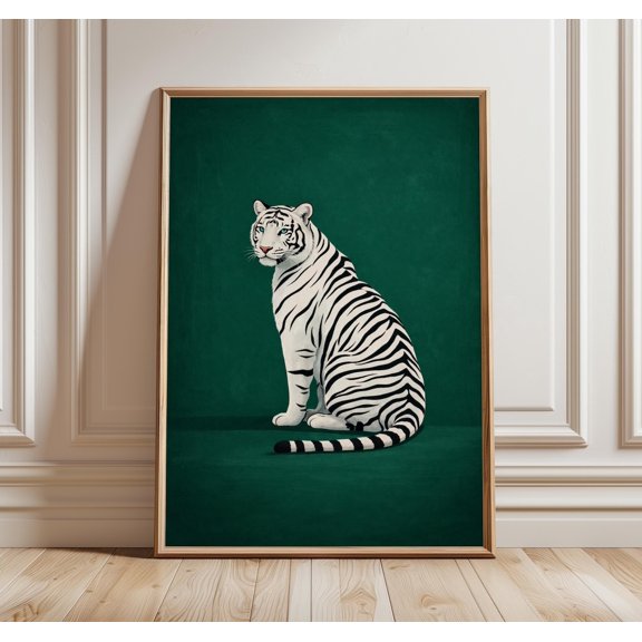 White Tiger Print Emerald Green Wall Art Tiger Big Cat Artwork Animal Print Maximalist Decor Luxury Green Art, Unframed Paper Print
