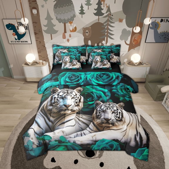 White Tiger Queen Comforter Set 7 Pieces Reversible Comforters Bed Set Bed in a Bag with Comforter,Turquoise Teal Rose Sheets,Pillowcases & Shams,African Animals Flowers Floral Bedding Sets