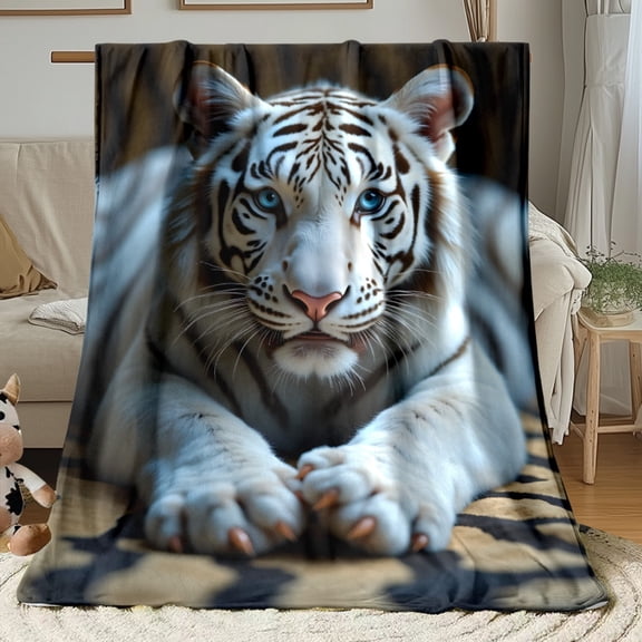White Tiger Rest Soft Lightweight Blanket Warm Throw for Camping Travel Holiday Gift for Loved Ones All Seasons Use on Sofa Bed Office Living Room Glam Fantasy Print Flannel Machine Washable