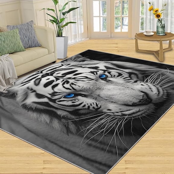 White Tiger Rugs for Bedroom, Tiger Area Rug, Jungle Animal Rugs for Living Room, Indoor Non-Slip Hunting Rug, Machine Washable Carpet for Front Entrance Floor Decor 3 x 4ft