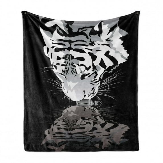 White Tiger Soft Flannel Fleece Blanket, Wild Mammal Drinking Water Danger Creature in Peace Nature Graphic Art, Cozy Plush for Indoor and Outdoor Use, 70" x 90", White Black Pearl, by Ambesonne