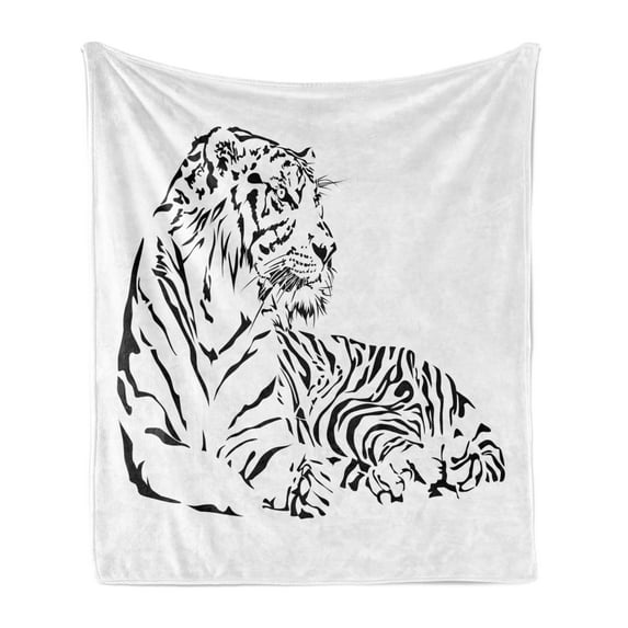 White Tiger Soft Flannel Fleece Throw Blanket, Wilderness Theme with Safari Animal Sitting Nobility Tattoo Art, Cozy Plush for Indoor and Outdoor Use, 50" x 70", Black and White, by Ambesonne