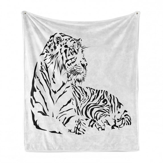 White Tiger Soft Flannel Fleece Throw Blanket, Wilderness Theme with Safari Animal Sitting Nobility Tattoo Art, Cozy Plush for Indoor and Outdoor Use, 70" x 90", Black and White, by Ambesonne