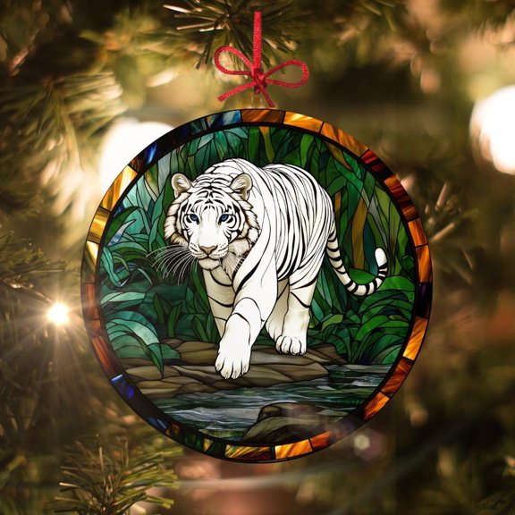 White Tiger Stained Glass Style Christmas 2D FLAT CIRCLE Ceramic Ornament