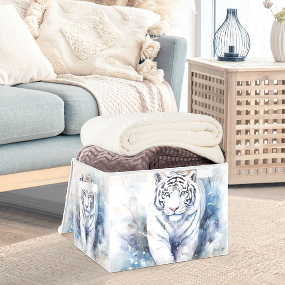 White Tiger Storage Basket Foldable Laundry Basket Shelf Kids Toy Storage Container Organizer with Handles