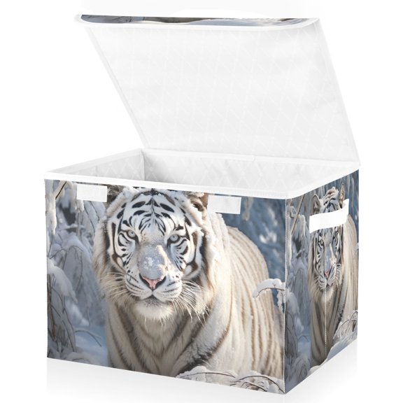 White Tiger Storage Basket for Shelves Foldable Container Organizer for Organizing Toys Clothes Books with Handles