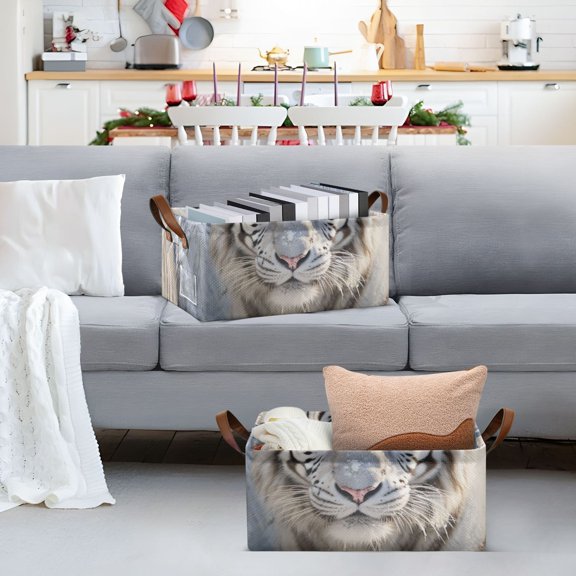 White Tiger Storage Bins with Handles Foldable Storage Baskets for Shelves Organizer Cloth Baskets
