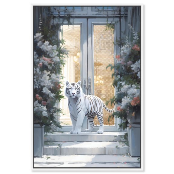 White Tiger Storefront Canvas Fashion Designer Wall Art by Art Remedy, White Frame, 30" x 45"