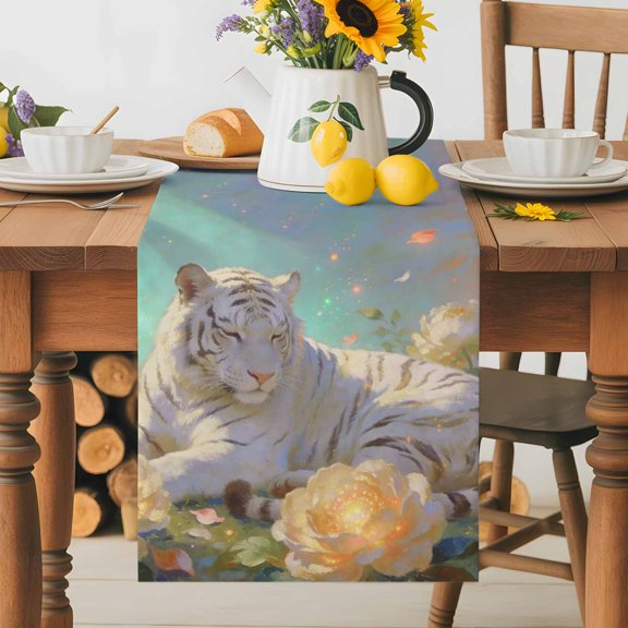 White Tiger Table Runner 13x36 Inch Watercolor Cute Forest Animals Fantasy Flowers Cotton Linen Dining Table Runner Ideal for Dresser Kitchen Coffee Tables - Machine Washable