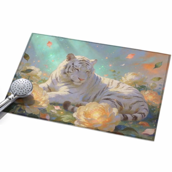 White Tiger Washable Area Rug 2 x 3 ft Watercolor Cute Forest Animals Fantasy Flowers, Soft Non Slip Rugs Stain Repellent Indoor Felt Carpet for Living Dining Room Bedroom Home Office