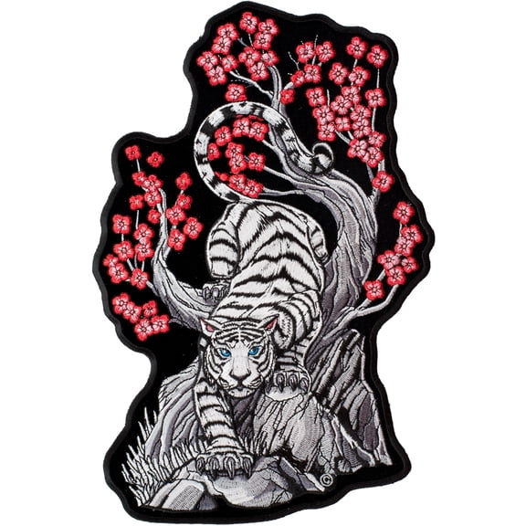 White Tiger with Blossoming Tree Embroidered Iron On Patch, PatchStop