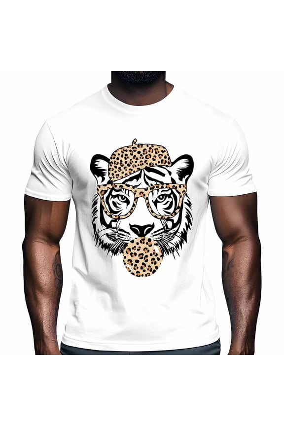 White Tigers Men's T Shirts Leopard Stripes Hat Sunglasses Tiger T-Shirt for Men Crew Neck Tees Cotton Tops White, XL
