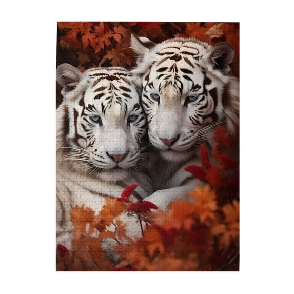 White Tigers Pair Fall Foliage 1000-Piece Wooden Jigsaw Puzzle for Adults, Fun & Challenging Family Game, Stylish Wall Decor & Holiday Gift