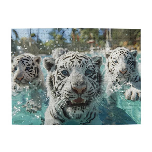 White Tigers Swimming Water 1000-Piece Wooden Jigsaw Puzzle for Adults, Fun & Challenging Family Game, Stylish Wall Decor & Holiday Gift