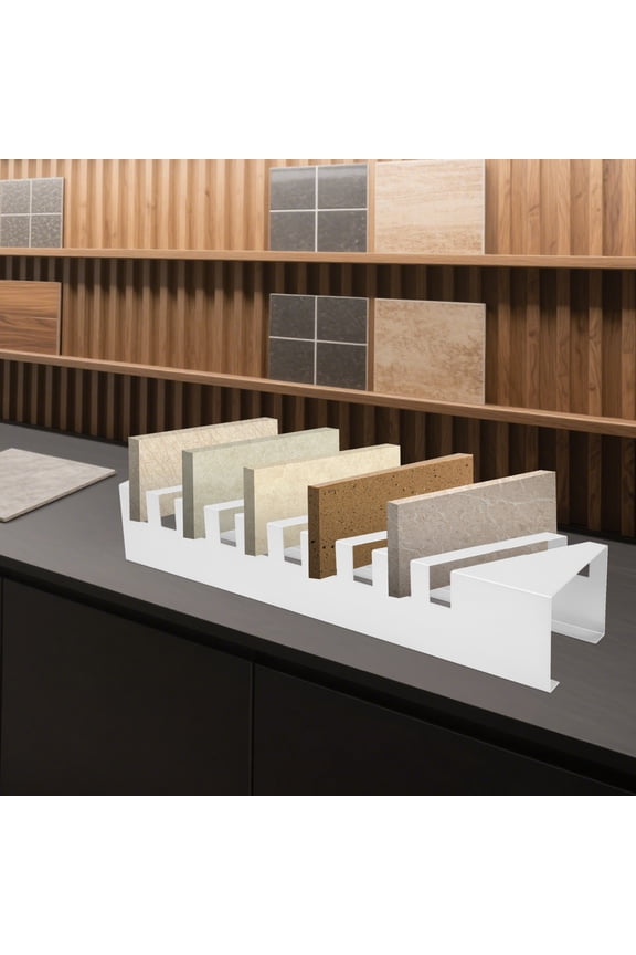 White Tile Board Display Rack, 10 Slot Sample Holder, 45° Slant Iron Stand, for Trade Show, Showroom, Retail Store, Countertop, Marble, Floor Sample