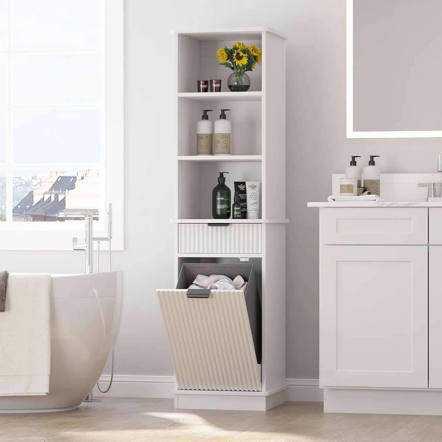 White Tilt Out Laundry Hamper Tall Bathroom Storage Cabinet Hidden ...