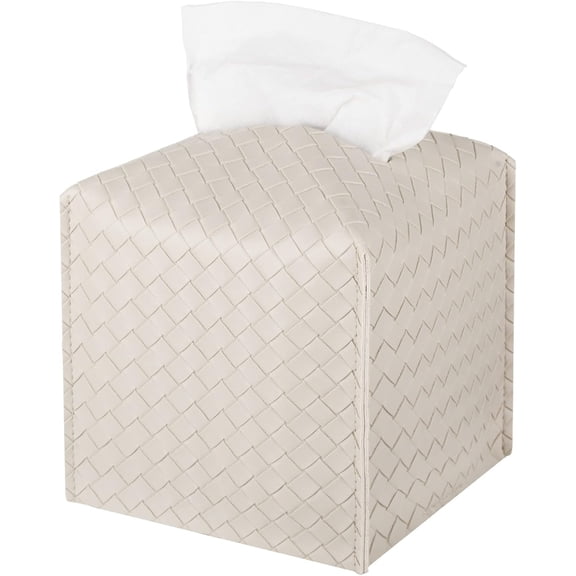 Manss Tissue Box Cover, PU Leather Square Tissue Box Holder, Facial Tissue Case Decorative Organizer for Bathroom, Tabletop, Night Stands and Office, Checkered Pattern, Beige