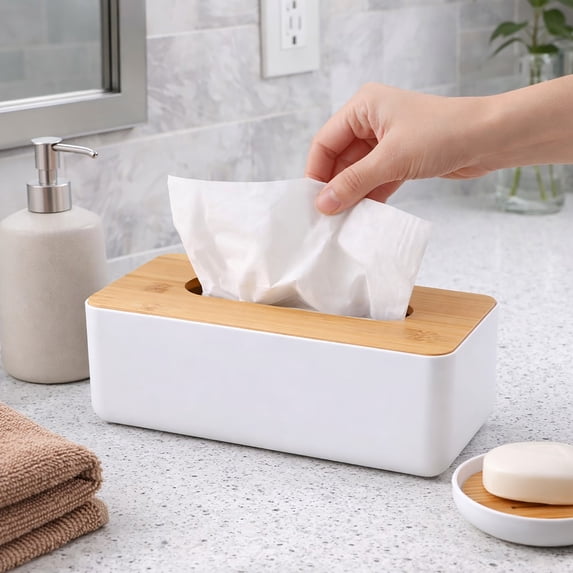 White Tissue Box Cover Padang with Bamboo Top - Elegant Design for Home and Office - Enhance Décor and Organization