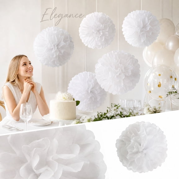 White Tissue Paper Flower Balls with Hanging Strings, 6 Inch, White, for Wedding and Birthday Party Ceiling Decorations