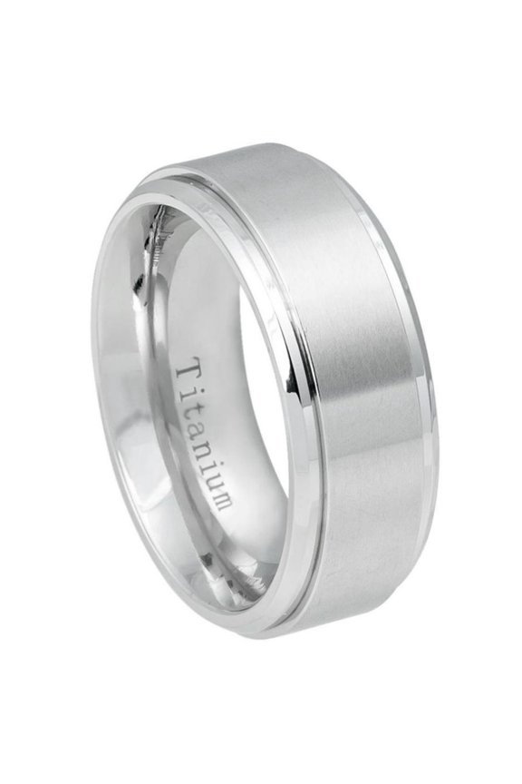 White Titanium Brushed Center 9MM Shiny Step Edge Band Ring Size 9.5