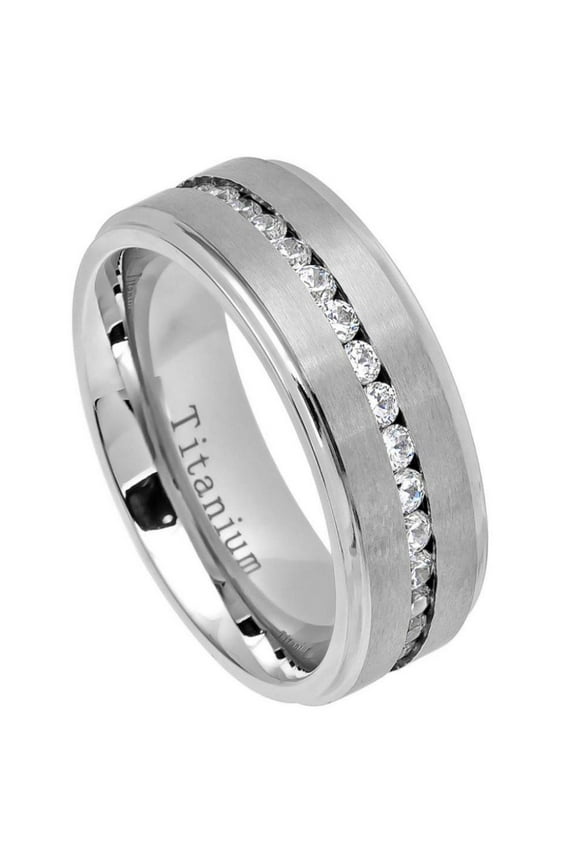 White Titanium Channel Set Clear CZ Brushed Center Eternity Ring Size 12