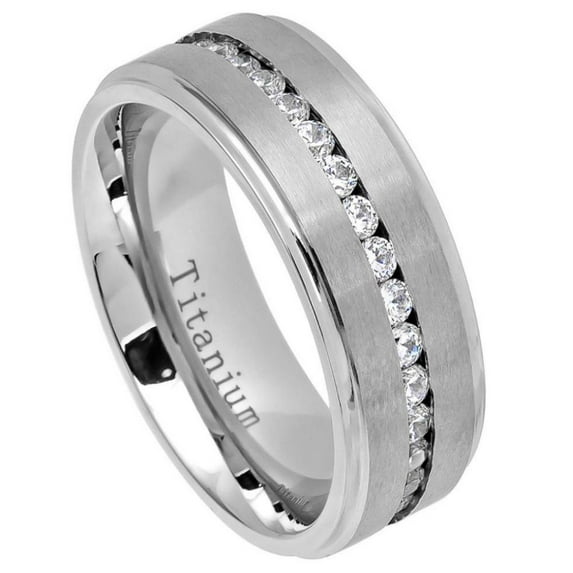 White Titanium Channel Set Clear CZ Brushed Center Eternity Ring Size 14