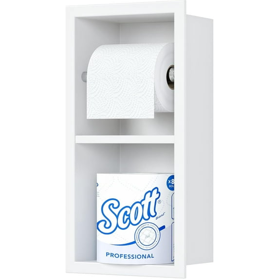 White Toilet Paper Holder, Contemporary Hotel Style Pivoting in Wall Toilet Paper Holder, Stainless Steel Recessed Tissue Paper Roll Holder, Double roll