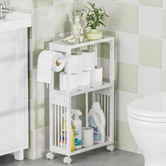 White Toilet Paper Holder Storage - 3 Tier Bamboo Mobile Storage Shelf, Small Bathroom Rolling Storage Cabinet Corner, Thin Shelf for Narrow Spaces on Wheels, Slim Bathroom Organizer, White