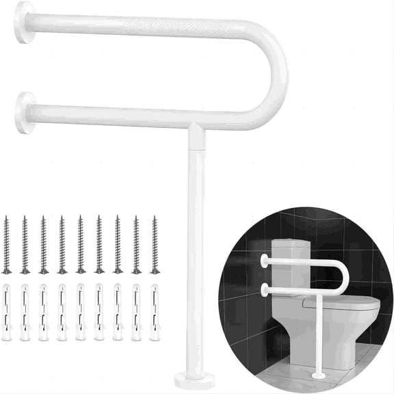 White Toilet Support Rail 23.4x 28 Inch, ZUEXT Anti-Slip Floor To Wall Handicap Grab Bar for Bathroom,SUS304 Stainless Steel Knurled Safety handrails with Leg for Elderly Disabled Pregnant-1.25?Tube