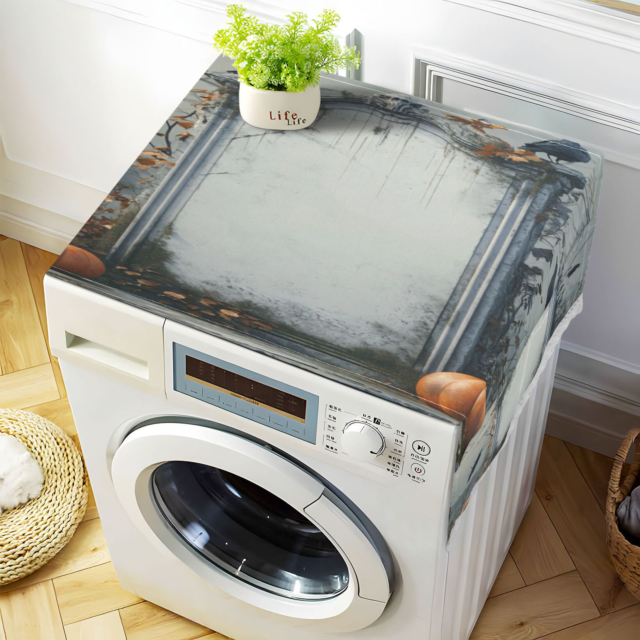 White Tombstone with Pumpkins Washer and Dryer Covers Dust-Proof and Oil Resistant Fridge Cover with 4 Storage Pockets Washing Machine Top Cover for Laundry Kitchen Home 51.2 x 22 In