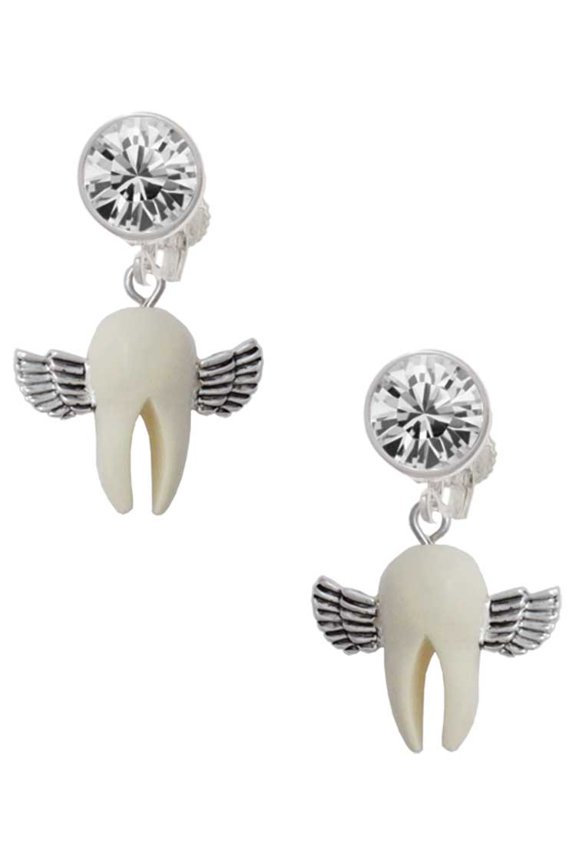 White Tooth with Wings - Tooth Fairy Clear Crystal Clip On Earrings