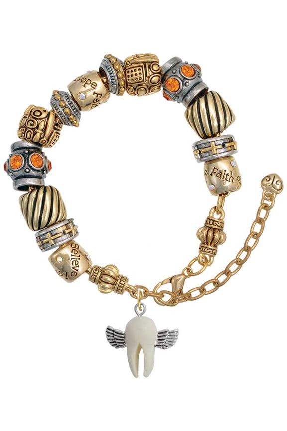 White Tooth with Wings - Tooth Fairy Two Tone Christian Bead Bracelet