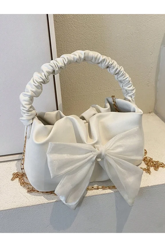 White Top Handle Handbag With Ruched Handle And Oversized Satin Bow