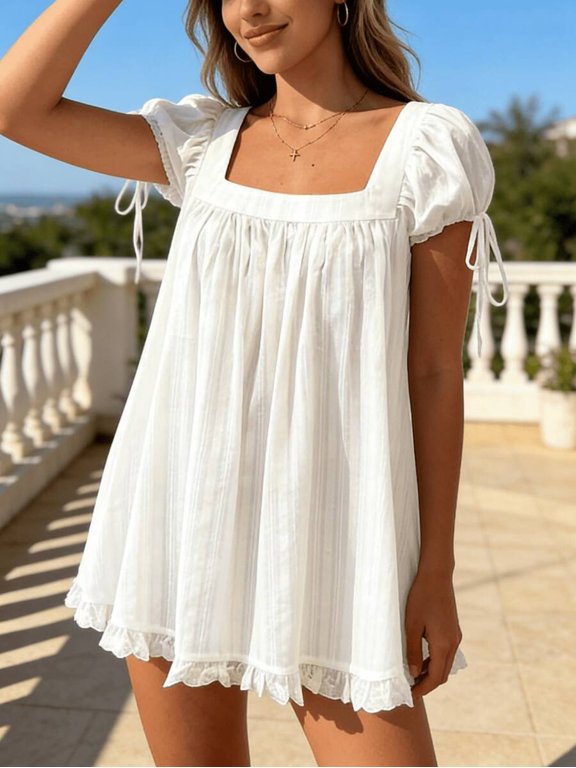 White Top Solid Color Square Neck Lace Trim Puff Sleeve Tie Cuff Ruffled