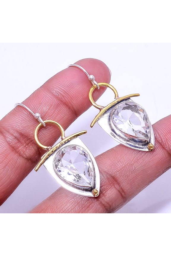 White Topaz 925 Silver Plated Two Tone Earring 1.76", White White Topaz Earring E_8059_349_125