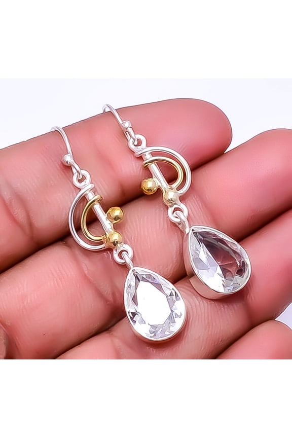 White Topaz 925 Sterling Silver Handmade Two Tone Earring 1.95", Topaz Earring, Gemstone Earring