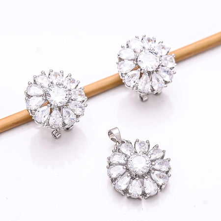 White Topaz - Brazil 925 Silver Platinum Plated Flower Pendant Earring Set P8163, Topaz Pendant Earring Set, Gift For Her, Pear Pendant Earring Set, W