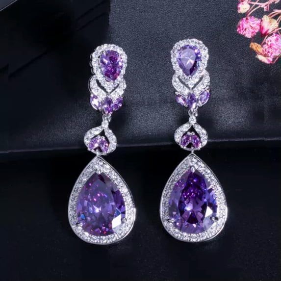 White Topaz CZ Stone Long Water Drop Dangle Earring for Fiancee Wedding Gift