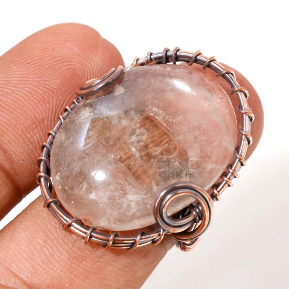 White Topaz Cab's Wire Wrapped Handcrafted Copper Gift Jewelry Ring 7.25" SA 49