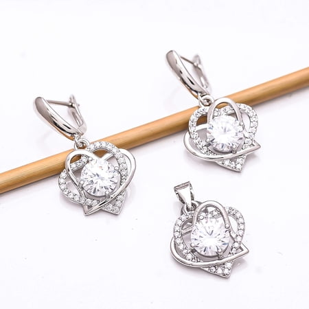 White Topaz, Cubic Zirconia 925 Sterling Silver Platinum Plated Pendant Earring Set P8118, Topaz Pendant Earring Set, Gift For Her, Round Pendant Earr