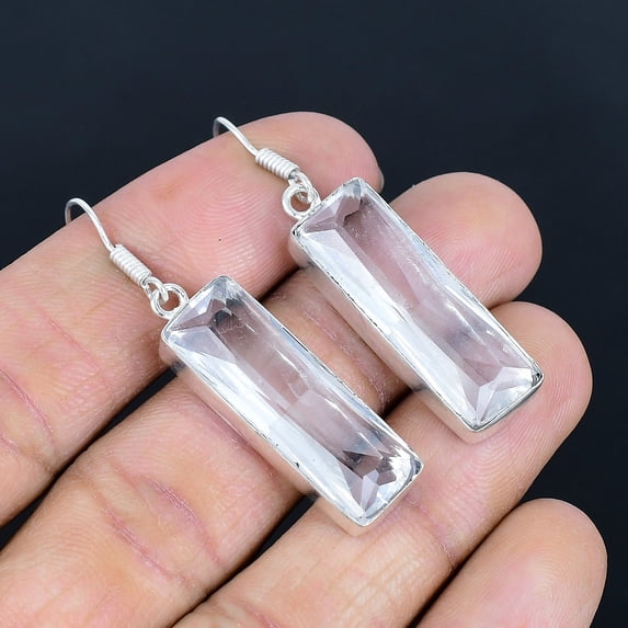 White Topaz Gemstone 925 Sterling Silver Handmade Jewelry Earrings 2" VJ 5577