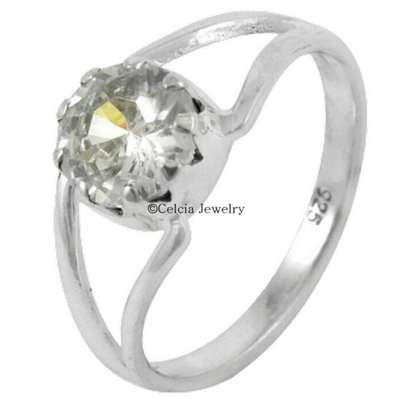 White Topaz Gemstone Unique Ring, Solid 925 Sterling Silver, White Stone Faceted Cut Round Shape Ring, Wedding Ring, Solitaire Ring, Mothers Day&nbsp;Gifts, Valentines Day Gifts (white-topaz, 7)