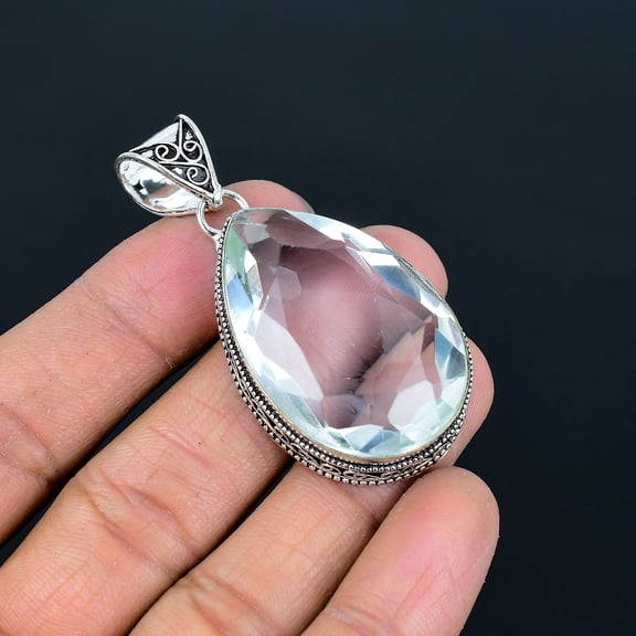 White Topaz Pear Gemstone Ethnic 925 Sterling Silver Vintage Pendant 2.2" VJ 670
