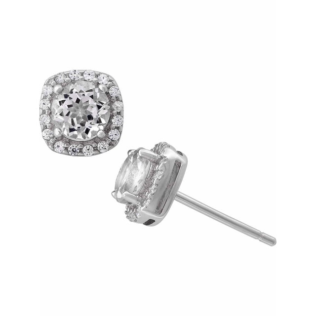 White Topaz And White CZ Sterling Silver Round Halo 5mm Stud Earrings-490810