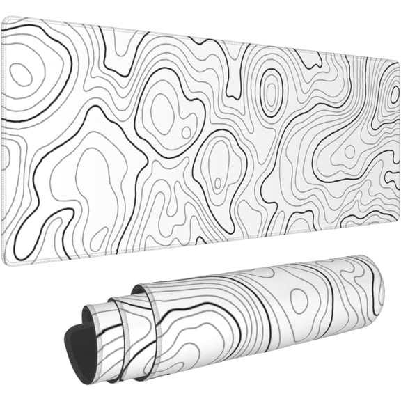 White Topographic Contour Gaming Mouse Pad 31.5 X 11.8 Inch XL Geographic Map Lines Print Big Mousepad Extended Large Laptop Keyboard Mouse Mat Non-Slip Rubber Base with Stitched Edges for Home Office