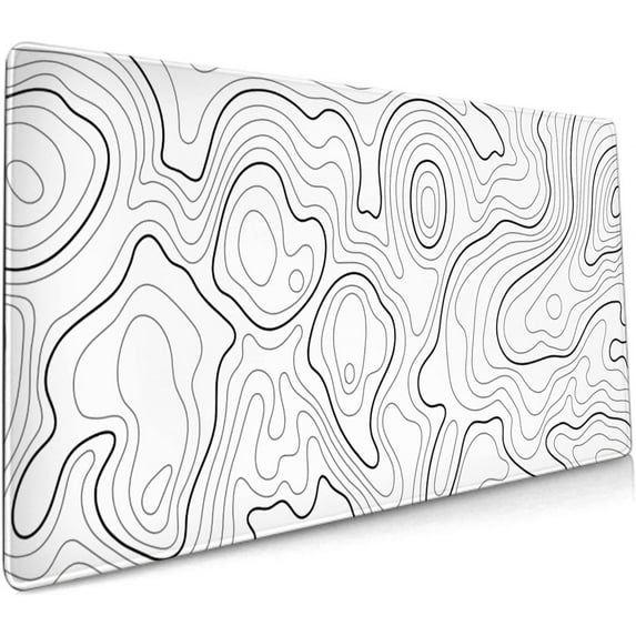 White Topographic Contour Gaming Mouse Pad 35.4 X 15.7 Inch XXL Geographic Map Lines Full Des Mousepad Extended Large Non-Slip Rubber Base Keyboard Mat with Stitched Edges for Home Office